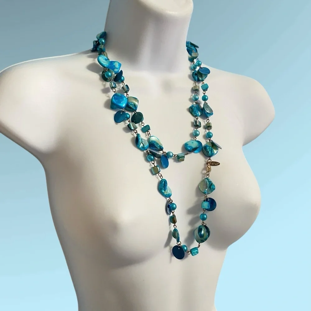 AVENUE Blue Natural Seashells Long Necklace Bohemian Style Oceancore Beachcore - Picture 7 of 9